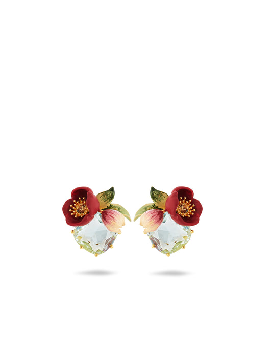 Red Hellebore Flower And Faceted Stone Earrings