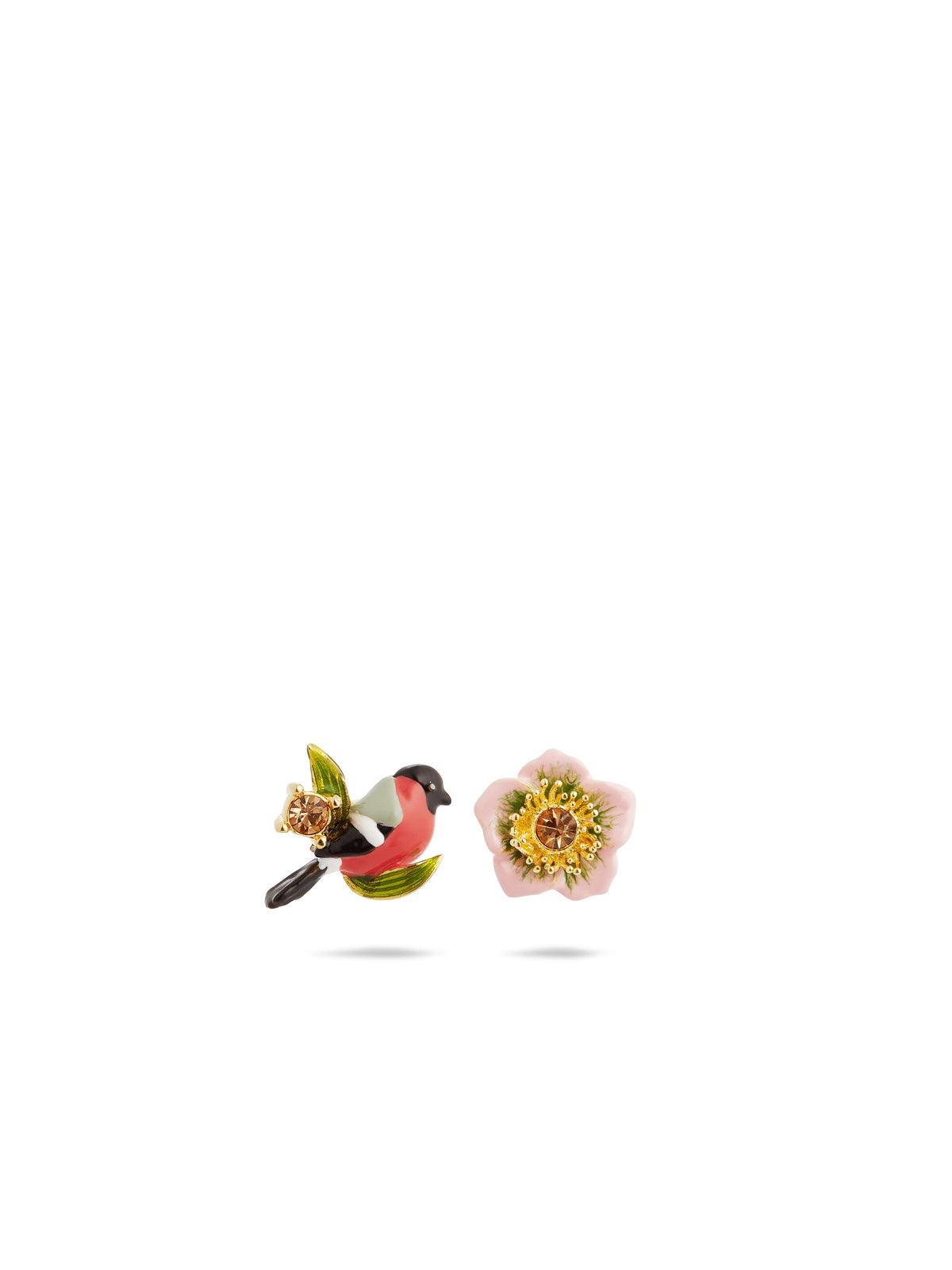 Asymmetrical Pink Hellebore & Red Bird Earrings | auvh1031