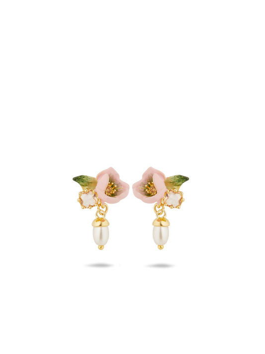 Hellebore Christmas Rose & Crystal Pearl Earrings