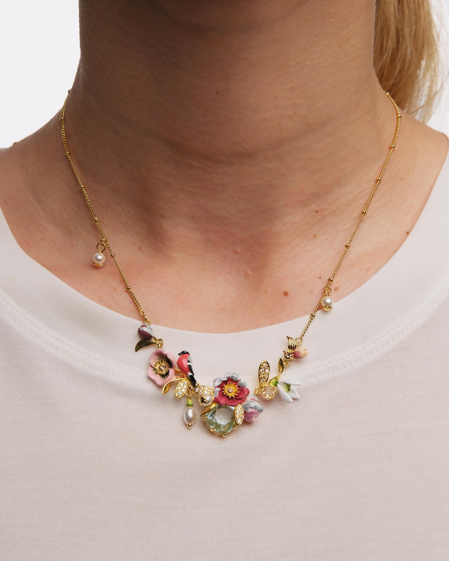 Hellebore Flower & Bullfinch Statement Necklace