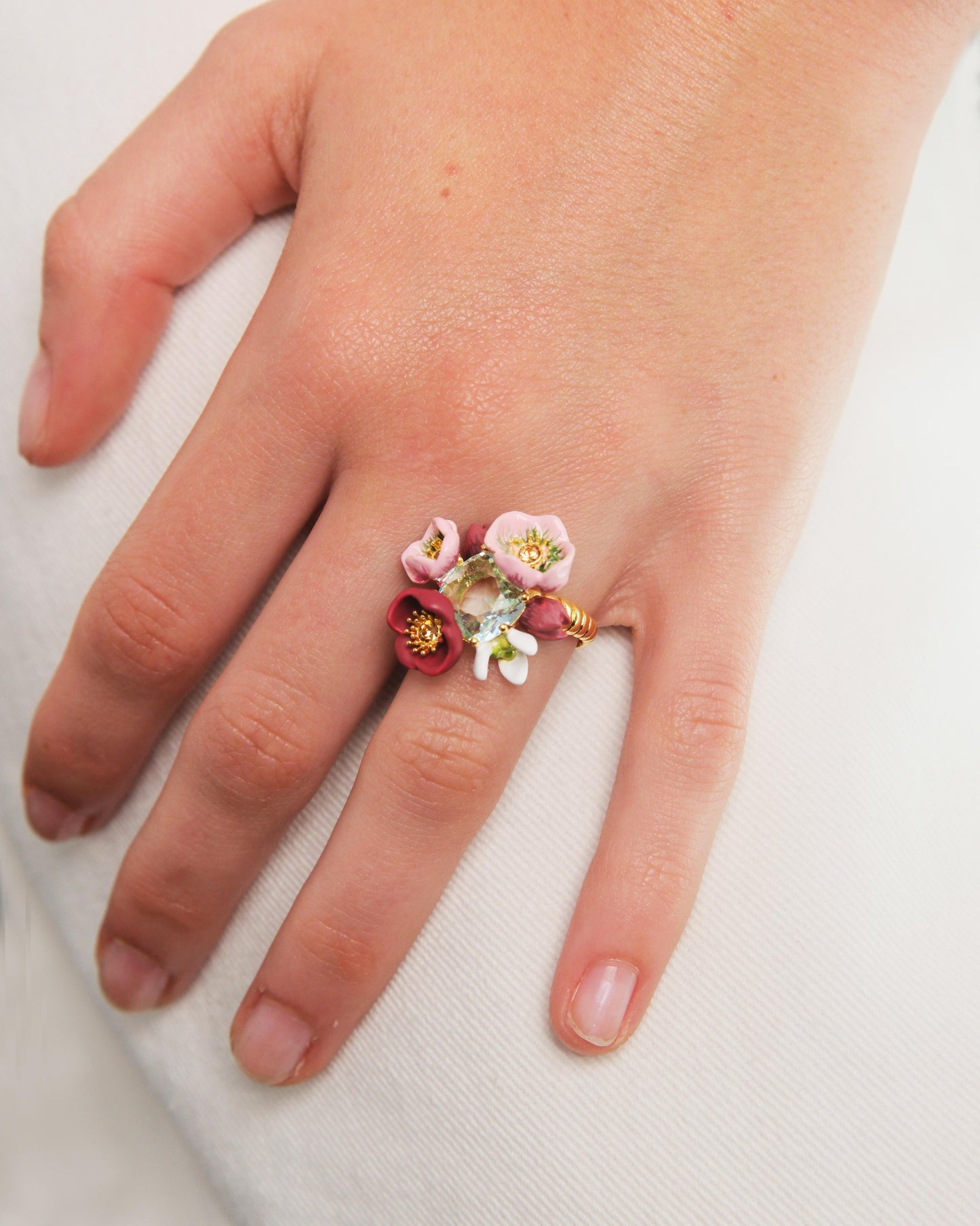 Hellebore Flower & Faceted Stone Ring