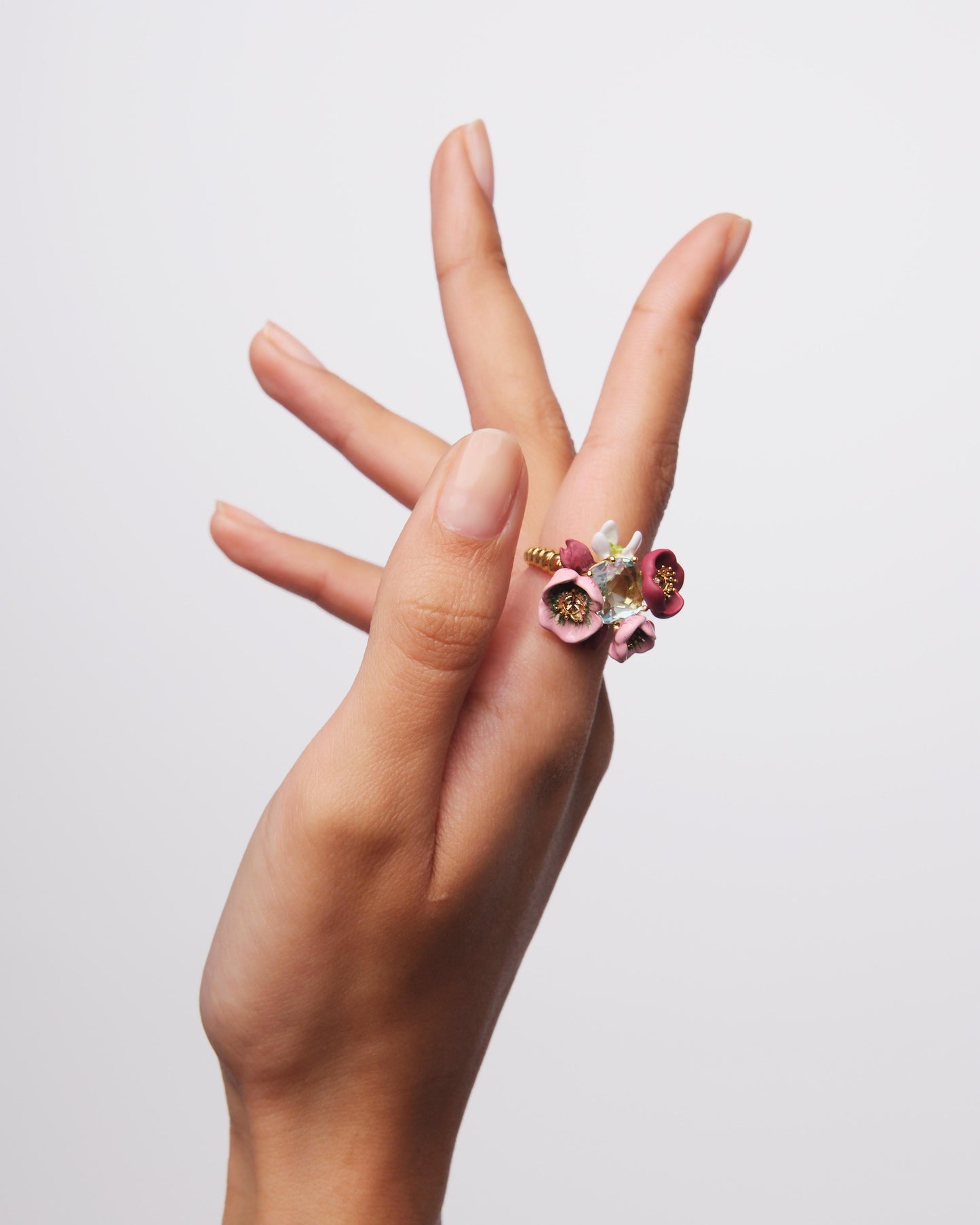 Hellebore Flower & Faceted Stone Ring