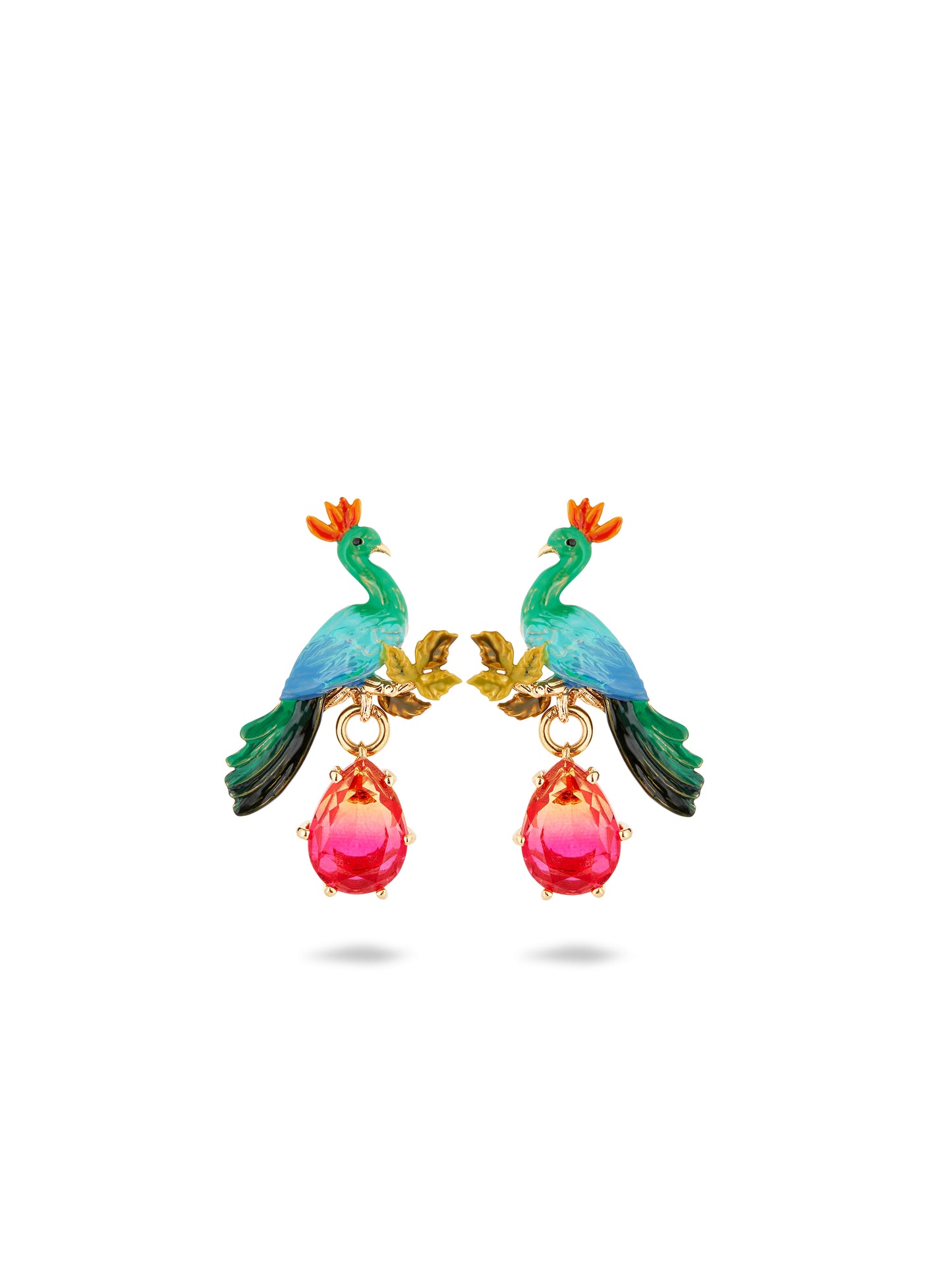 Peacock And Faceted Crystal Pear Post Earrings