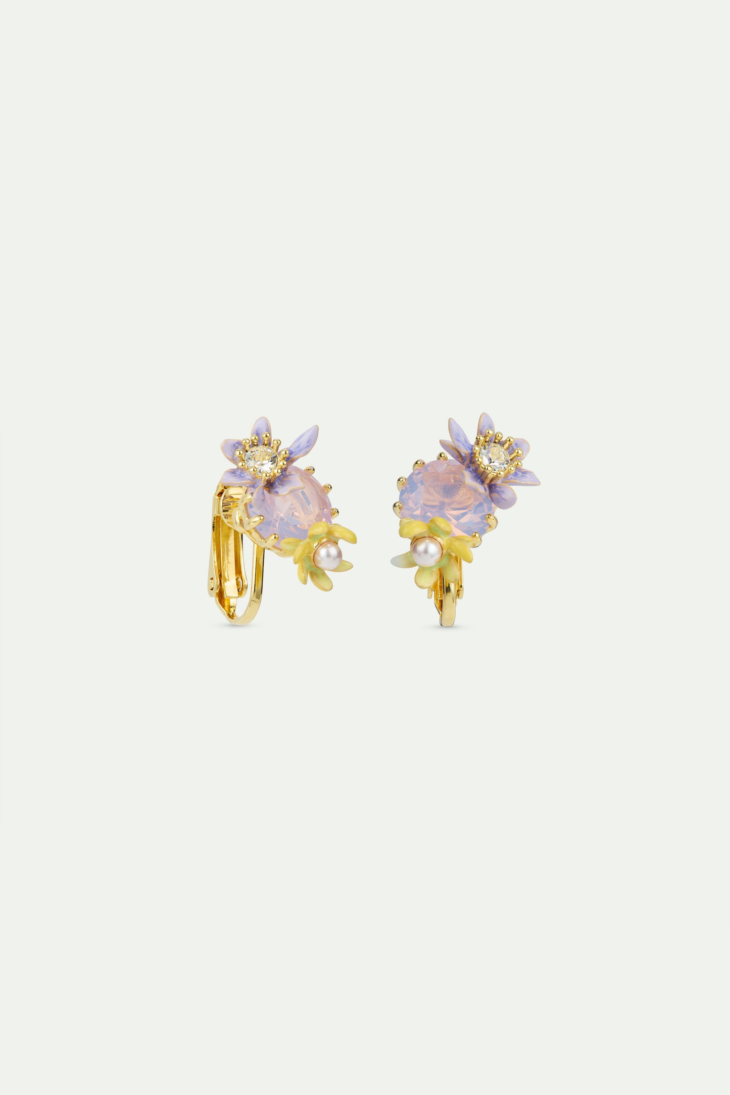 Round Purple Faceted Crystal Stone And Magnolia Flower Earrings