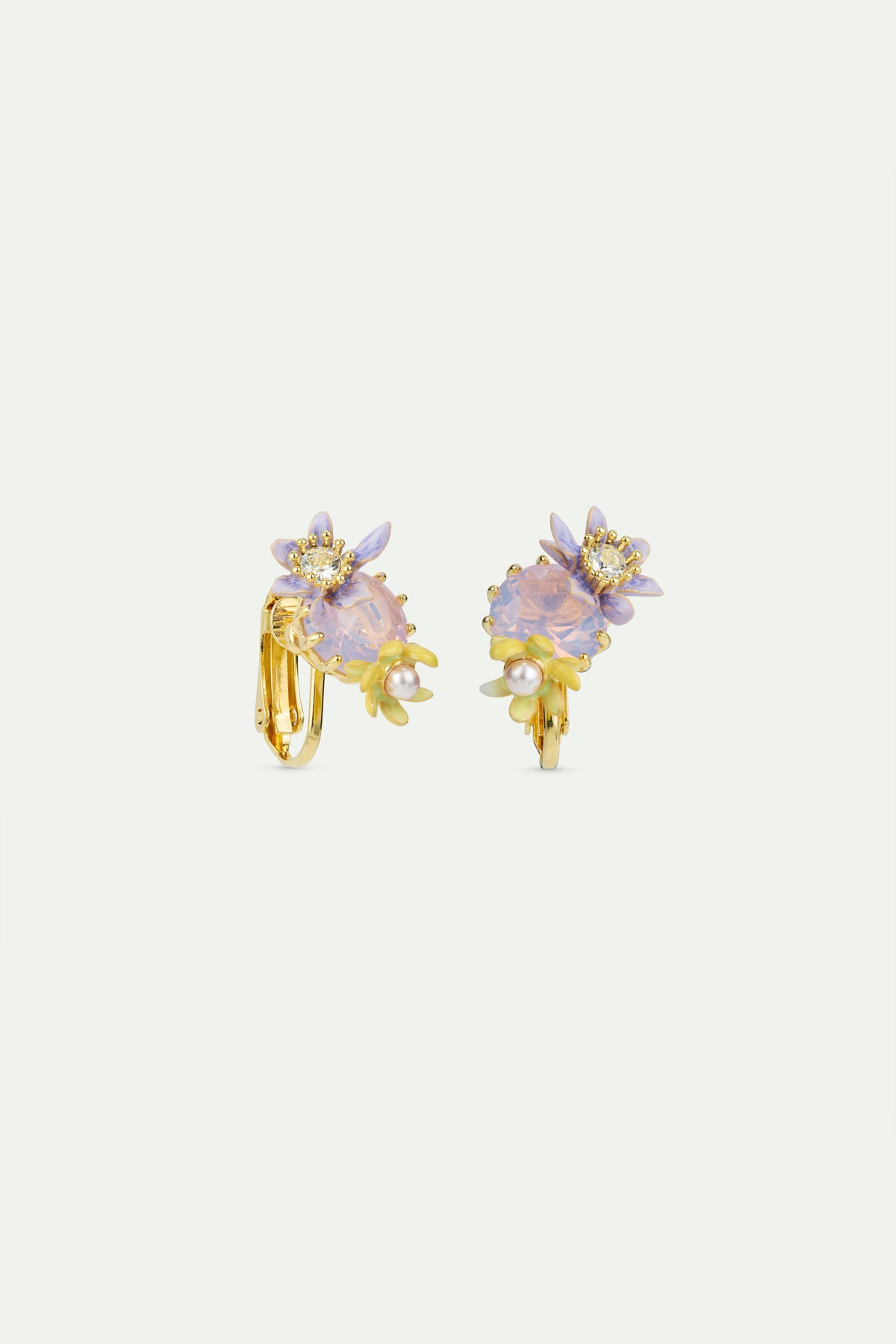 Round Purple Faceted Crystal Stone And Magnolia Flower Earrings | AVFA1031