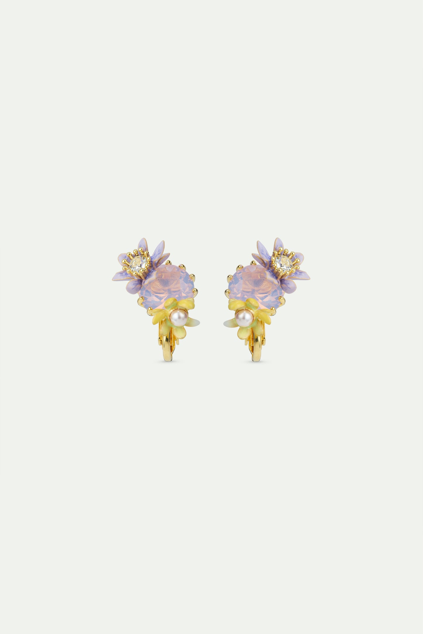 Round Purple Faceted Crystal Stone And Magnolia Flower Earrings