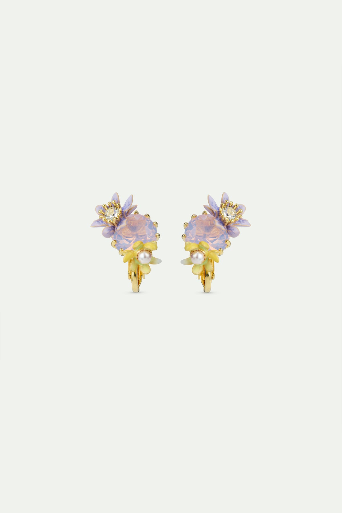 Round Purple Faceted Crystal Stone And Magnolia Flower Earrings | AVFA1031