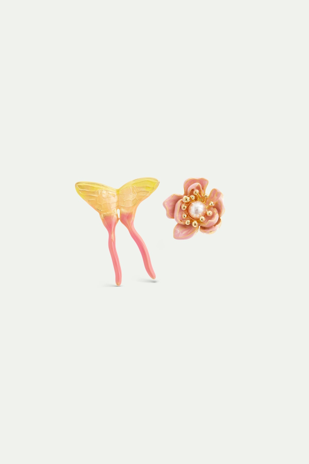 Pink Magnolia Flower And Pink And Yellow Butterfly Asymmetrical Earrings | AVFA1041