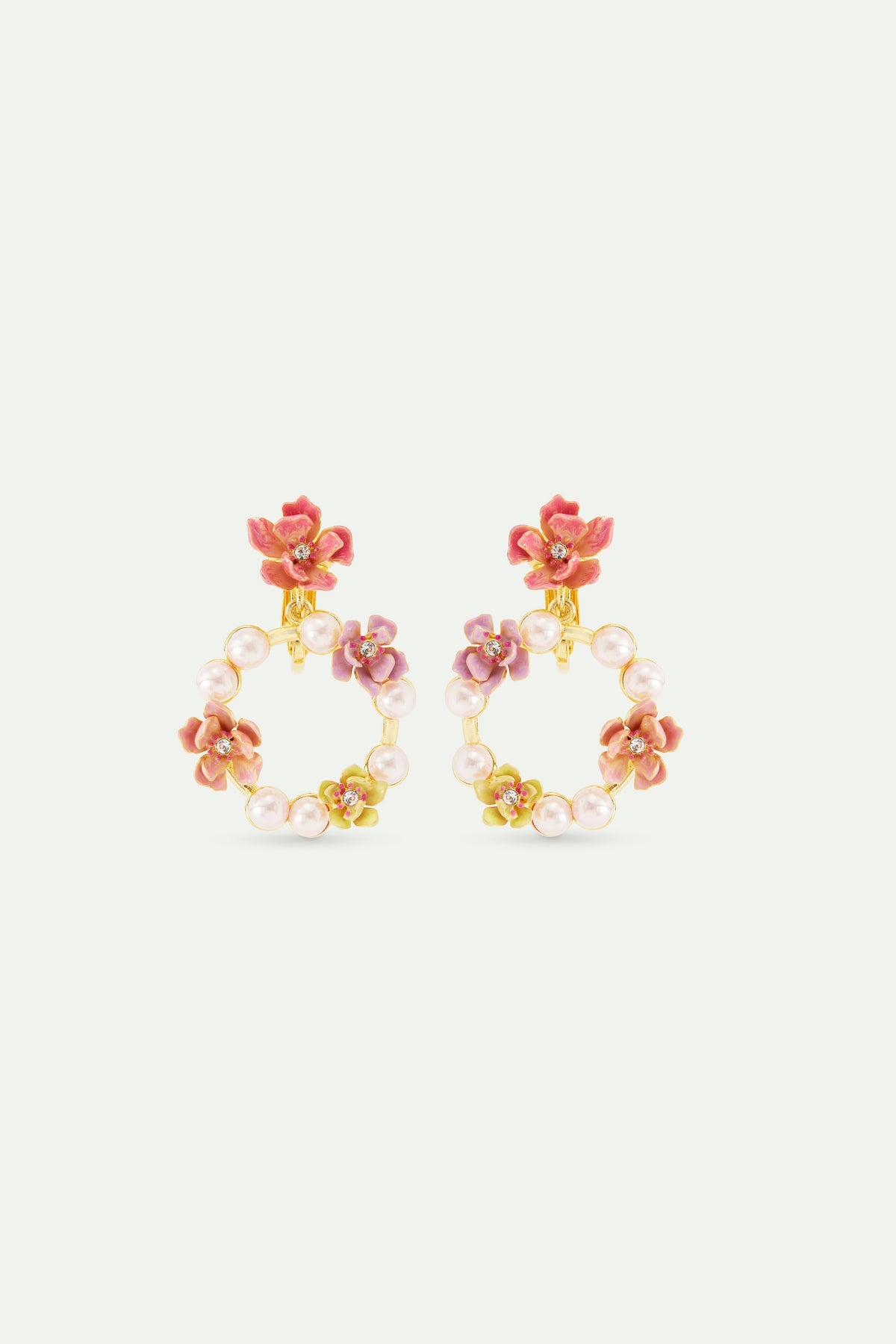 Pink Magnolia Flowers And White Artificial Pearl Hoop Earrings | AVFA1051