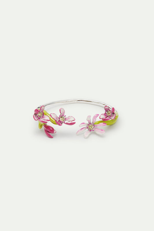 Fine Silver Cuff Bracelet With Pink Magnolia Flowers And Crystals