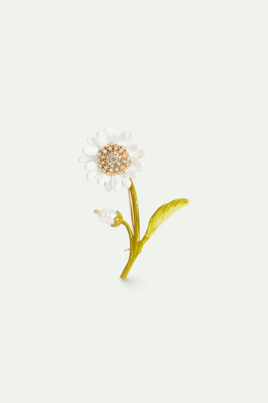 White And Green Daisy Brooch With Mother Of Pearl Bead | AVFR5011