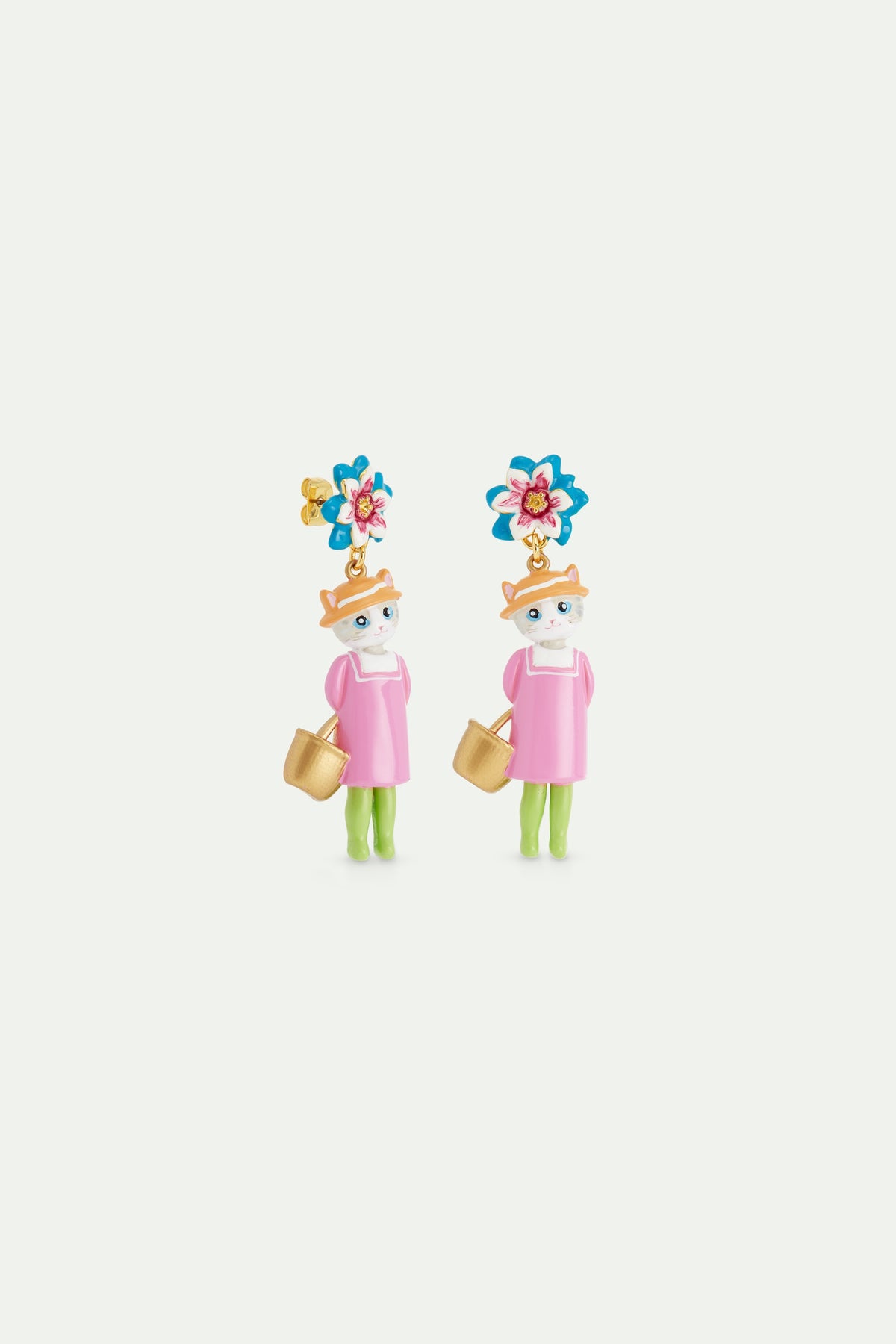Grey Cat And Blue Flower Dangle Earrings | AVHP1021