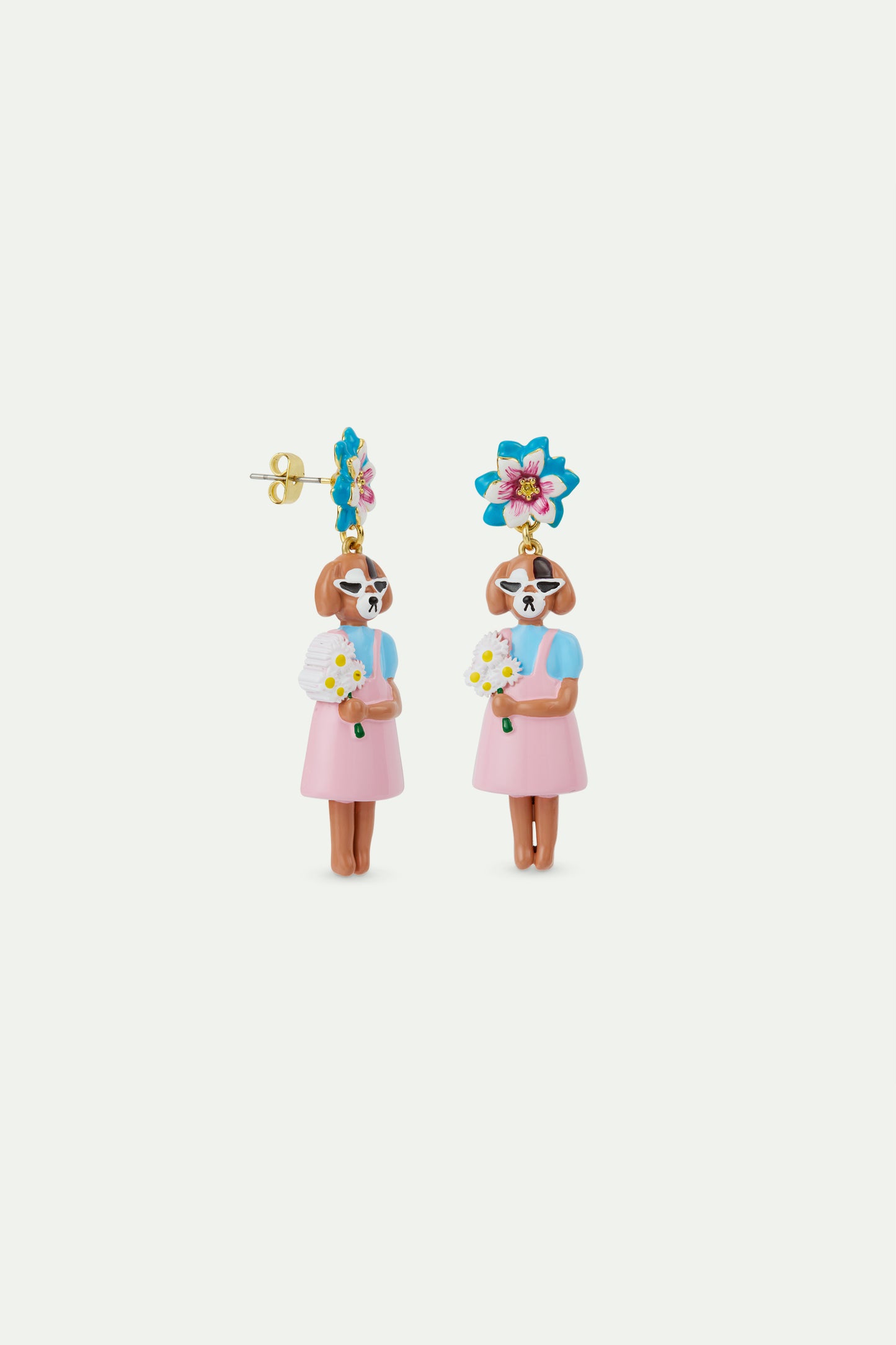 Dog And Blue Flower Dangle Earrings