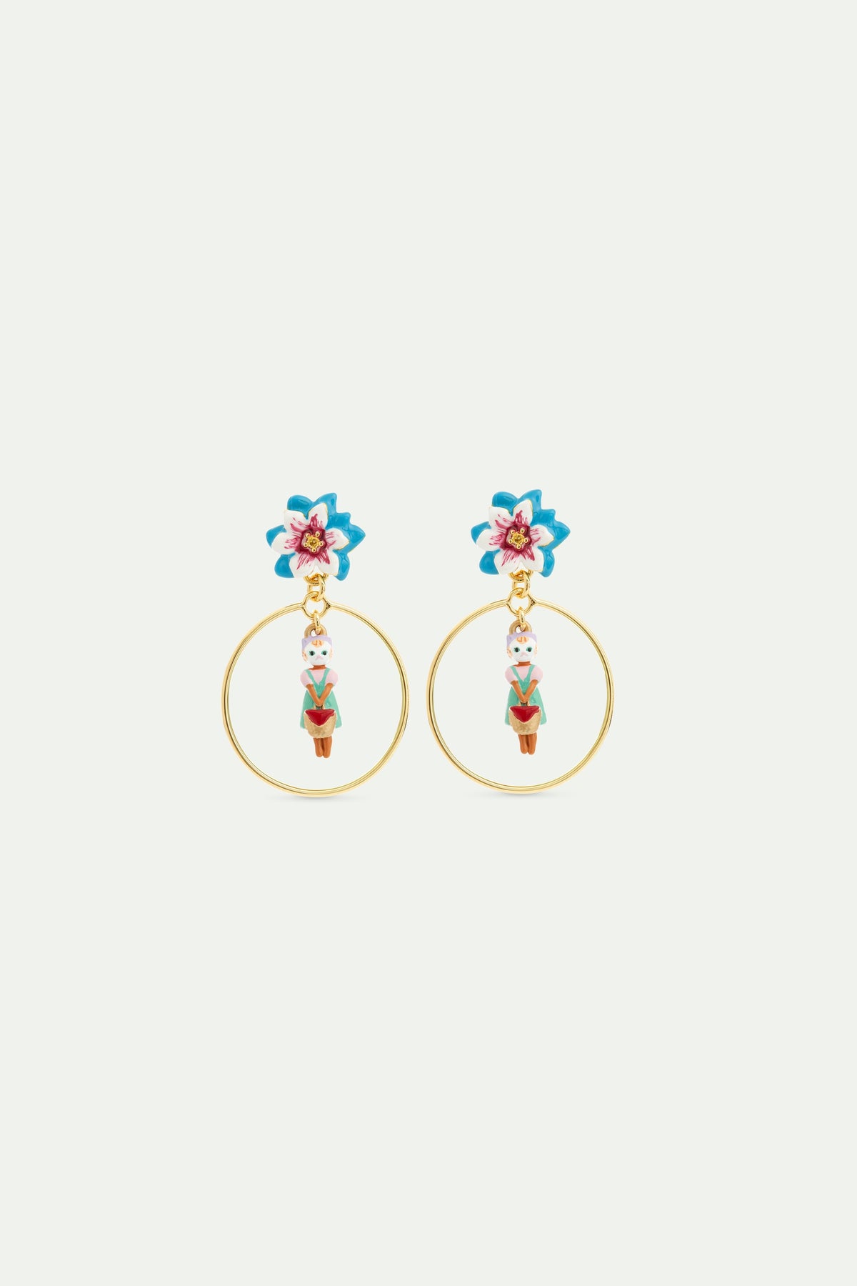 Ginger Cat And Blue Flower Dangle Hoop Earrings | AVHP1061