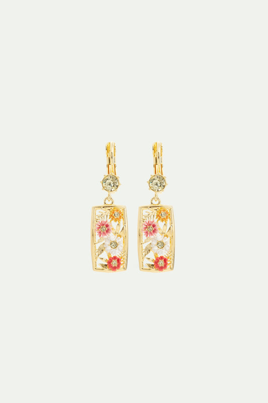 Gold-Plated Openwork Sleeper Earrings With Zinnias And Faceted Yellow Crystal