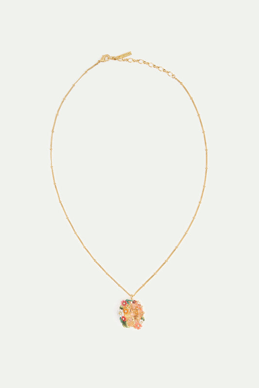 Oval Pink Faceted Stone Pendant Necklace With Zinnias And Daisies | AVJC3041