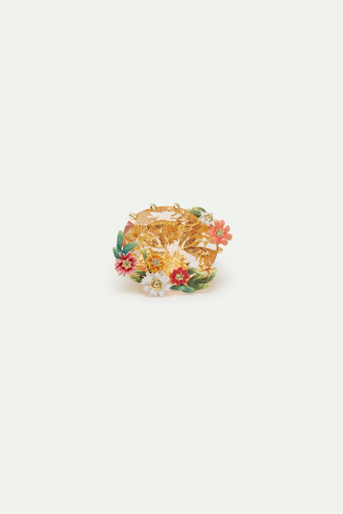 Oval Pink Faceted Stone Cocktail Ring With Zinnias And Daisies | AVJC6041