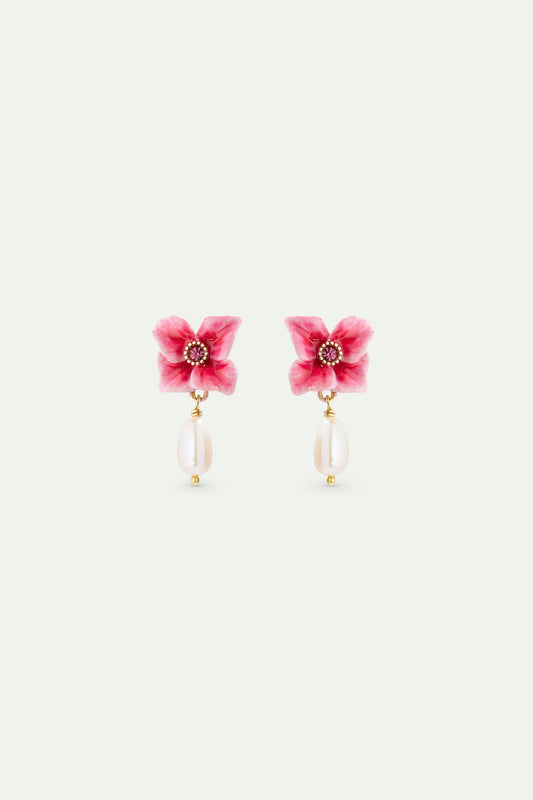 Pink Hydrangea Flower And Cultured Pearl Earrings