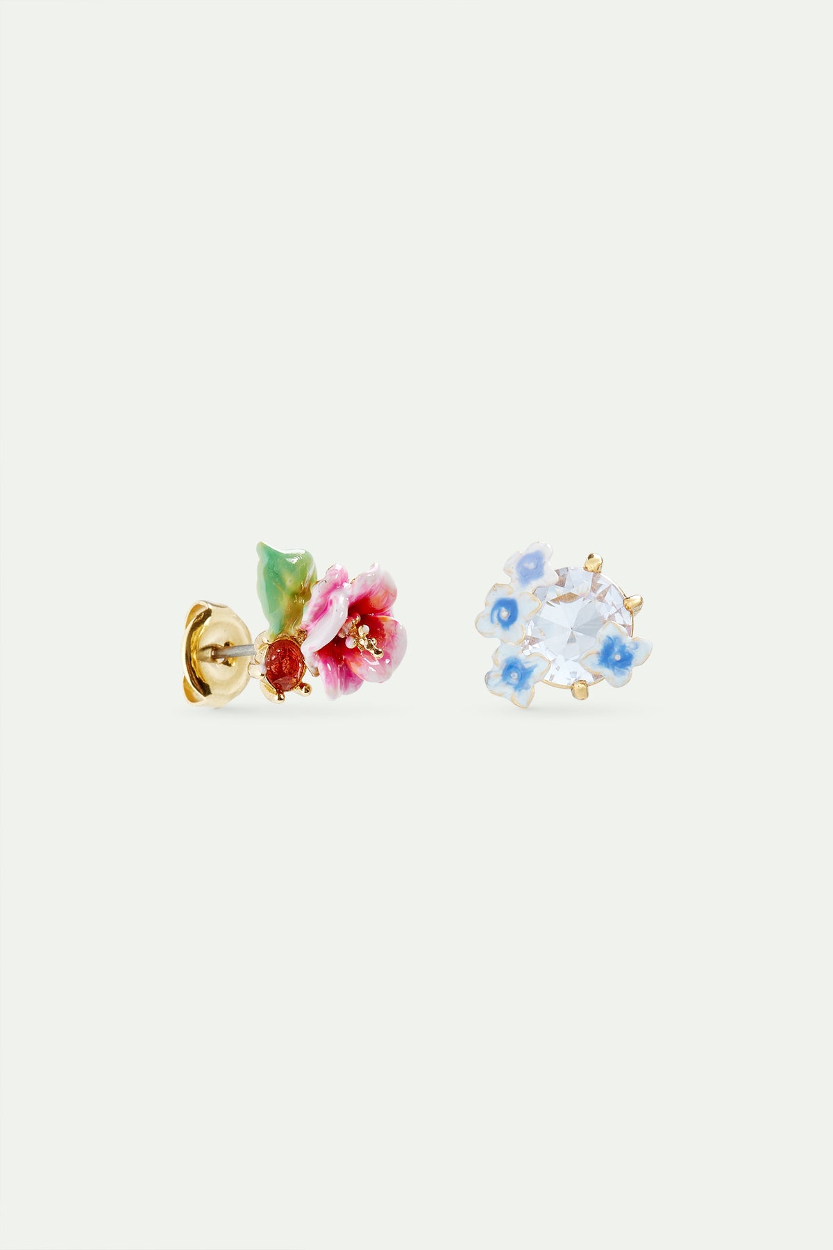 Asymmetrical Enamelled Hydrangea Flower And Lavender-Coloured Round Stone Earrings | AVJH1031