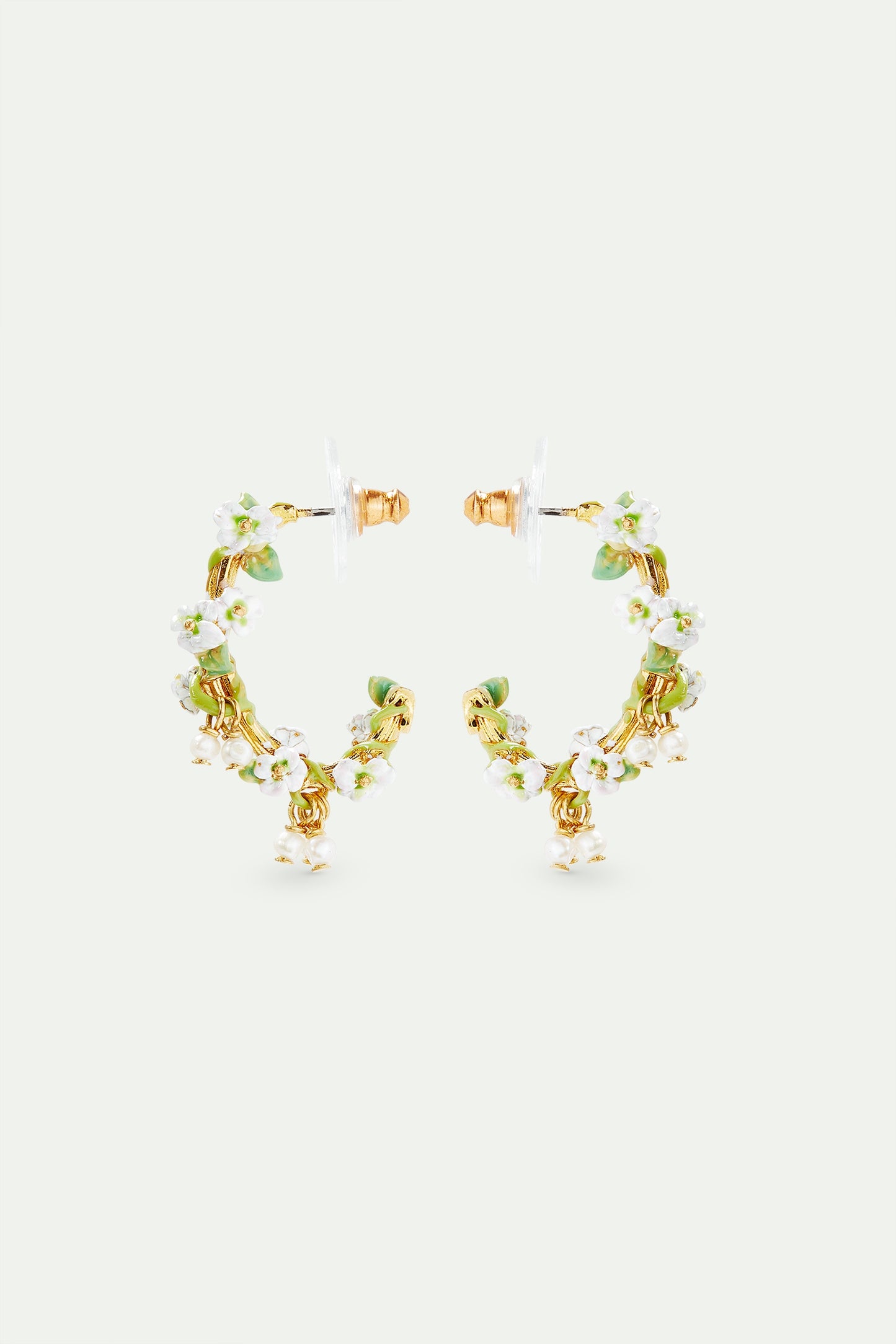 Gold-Plated Hoop Earrings, White Roses And Mother Of Pearl Beads | AVJH1041
