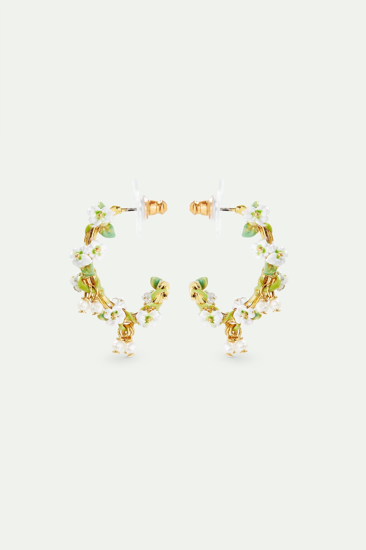 Gold-Plated Hoop Earrings, White Roses And Mother Of Pearl Beads | AVJH1041