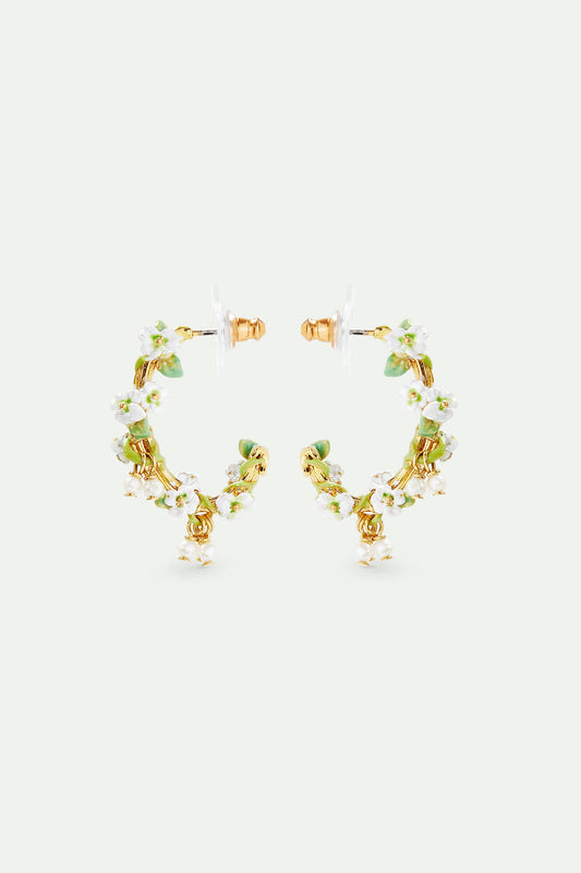 Gold-Plated Hoop Earrings, White Roses And Mother Of Pearl Beads