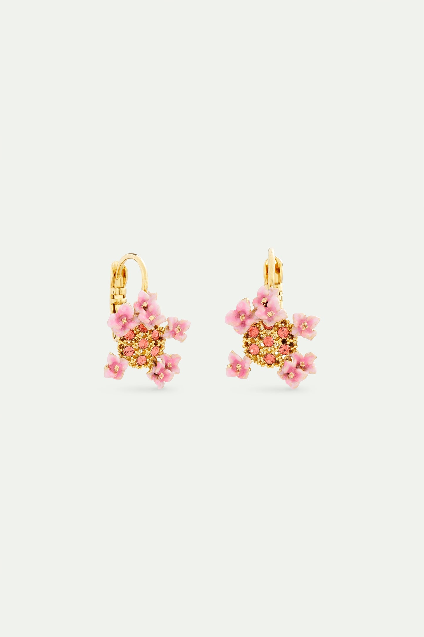 Sleeper Earrings With Pink And Gold Crystals And Hydrangea Flowers