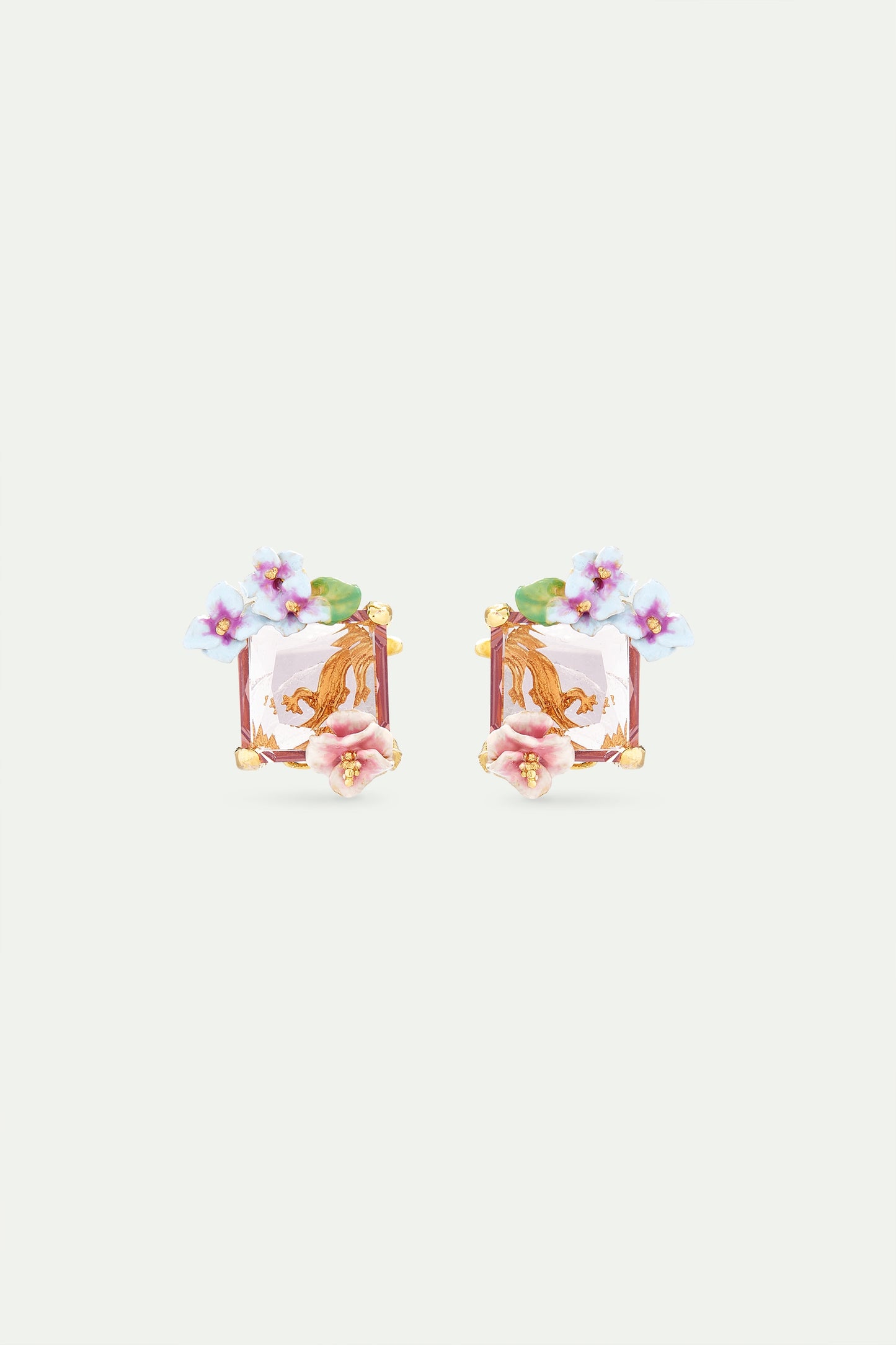 Lizard Earrings With Pink Cut Stone And Hydrangea Flowers | AVJH1061