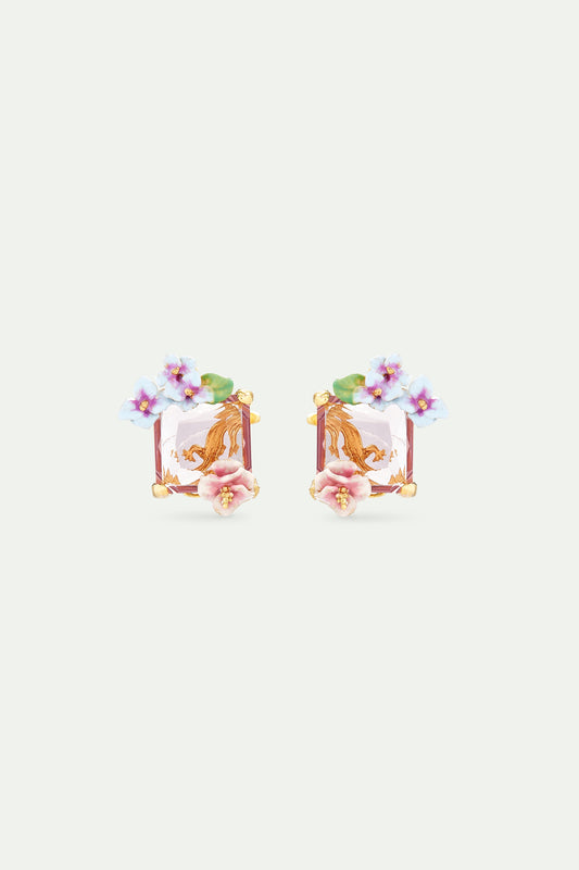 Lizard Earrings With Pink Cut Stone And Hydrangea Flowers