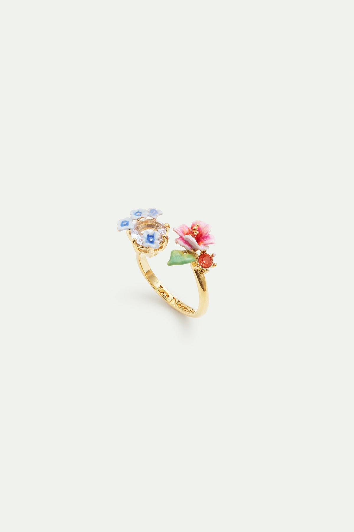 Hydrangea Flower And Round Faceted Crystal Stone Adjustable Ring | AVJH6021