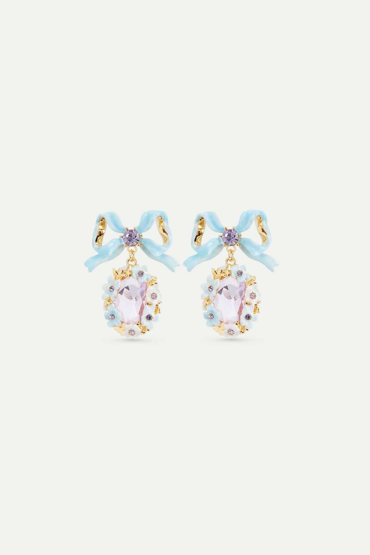 Purple Faceted Stone Wedding Earrings With Flowers And A Blue Bow | AVJV1011