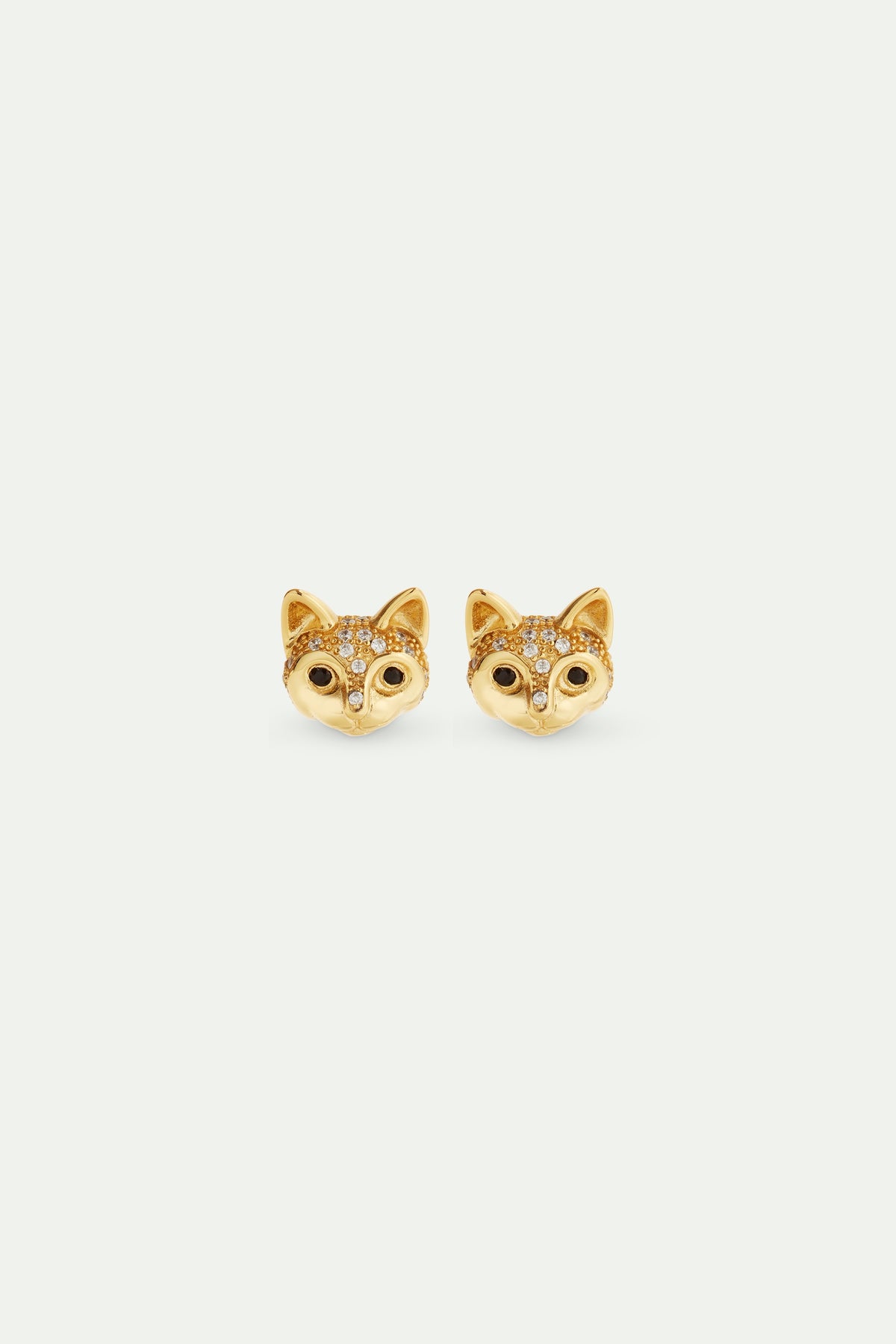 Golden Cat Head And Crystal Post Earrings | AVLA1011