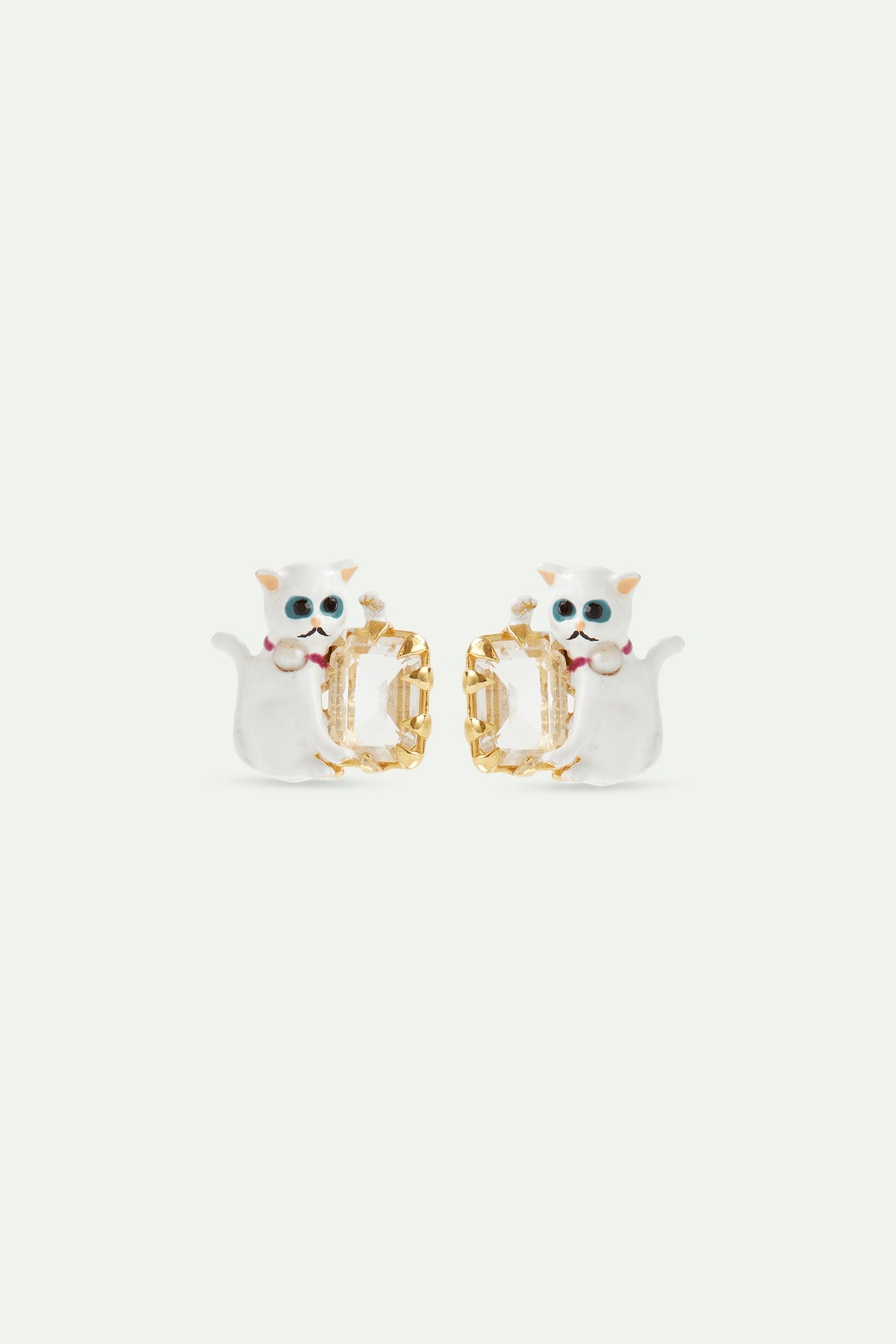 White Cat And Faceted White Stone Earrings | AVLA1051