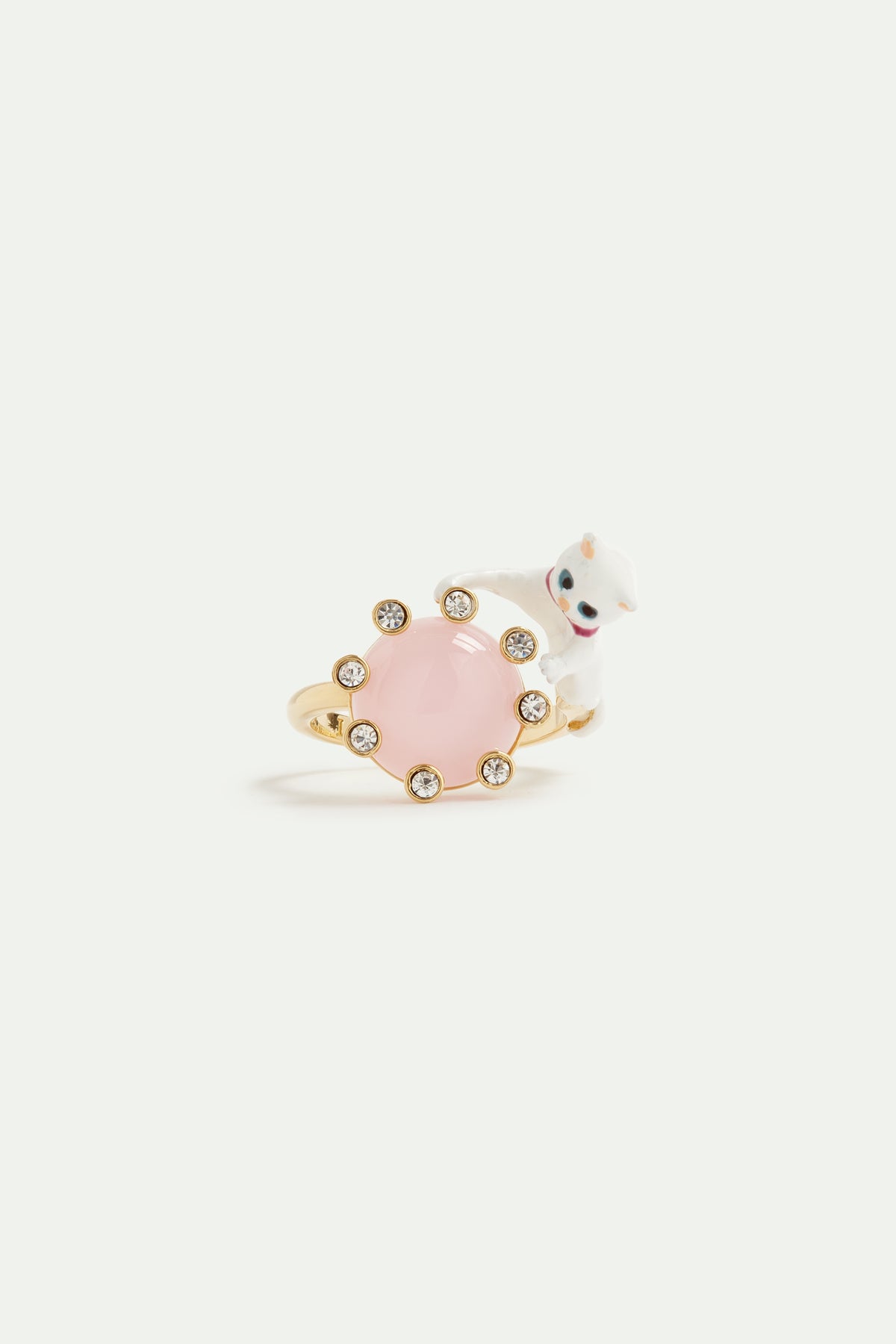 White Cat And Round Pink Stone Adjustable Ring | AVLA6041