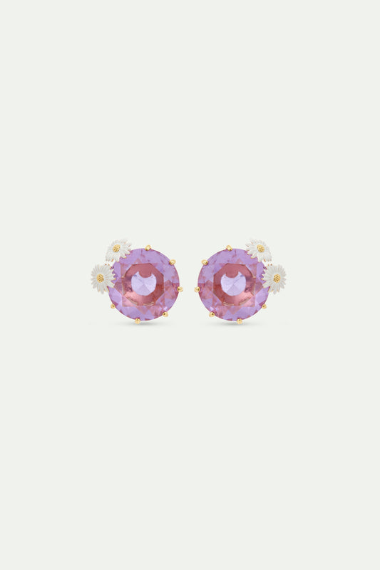 Lavender Diamantine Round Stone Sleeper Earrings With Daisies