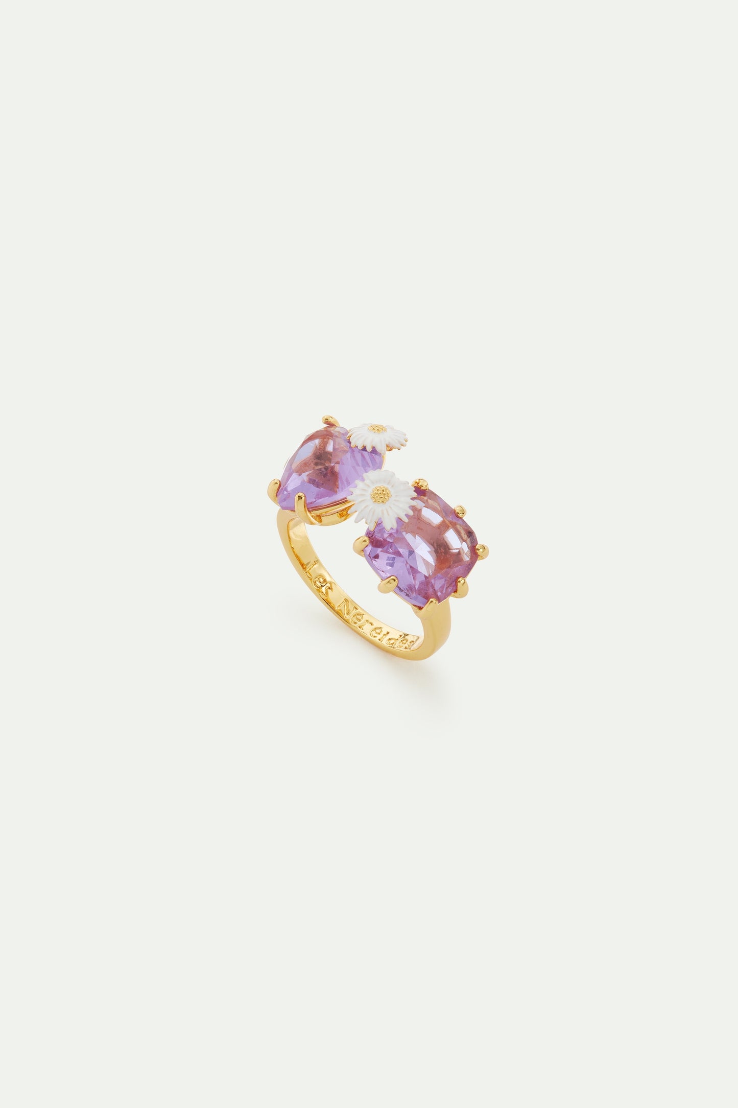 Lavender Diamantine Square And Heart-Shaped Stone You And Me Adjustable Ring With Daisies | AVLD6182