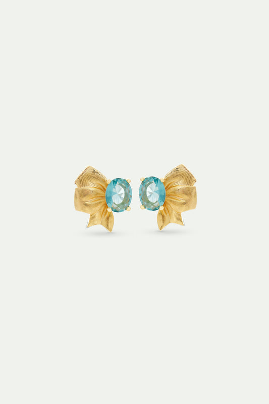 Gold Ribbon And Blue Oval Cut Stone Earrings | avth1041