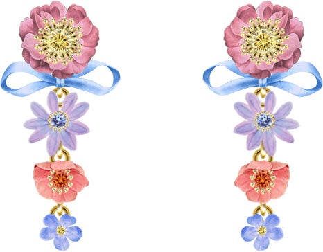 Pink And Blue Flowers And Fine Ribbon Dangle Earrings