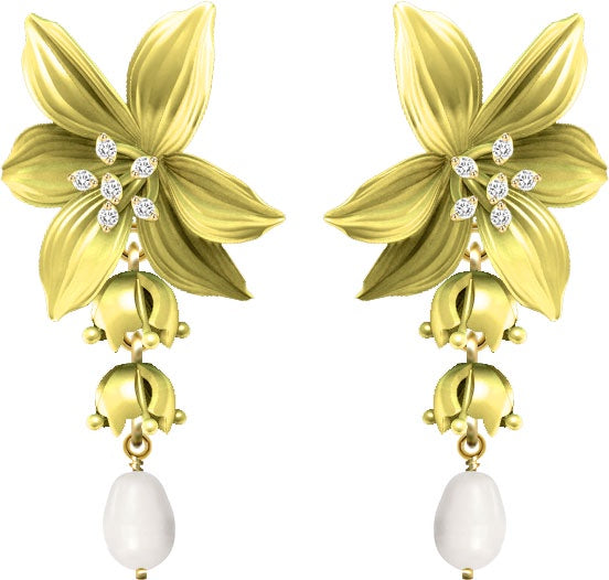 Lily Flower And Cultured Pearl Golden Dangle Earrings | AVVE1031