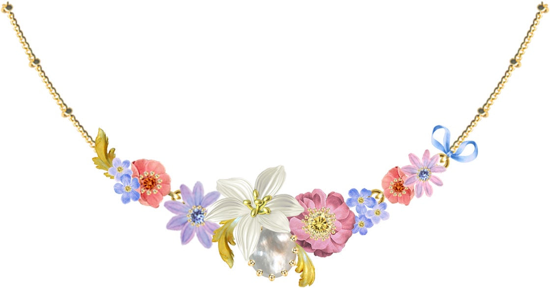 Pink And Blue Flowers, Lily And Mother Of Pearl Round Stone Statement Necklace | AVVE3011