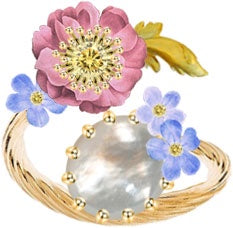 Adjustable Ring With Pink And Blue Flowers And Round Mother Of Pearl Stone