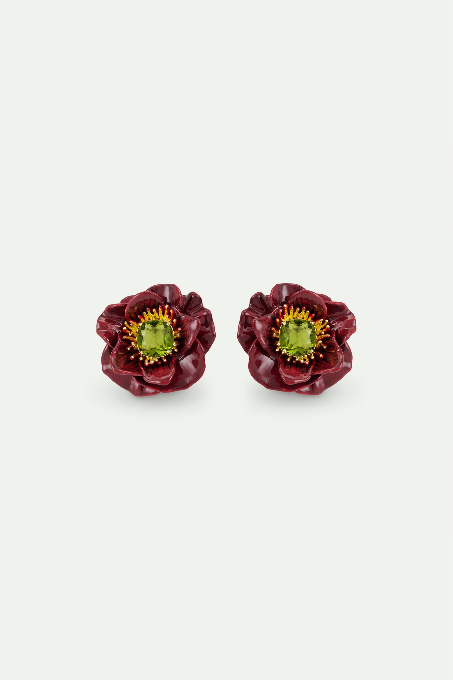 Burgundy Anemone And Green Stone Earrings