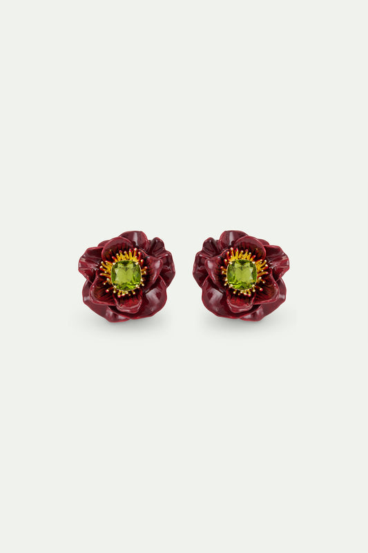 Burgundy Anemone And Green Stone Earrings