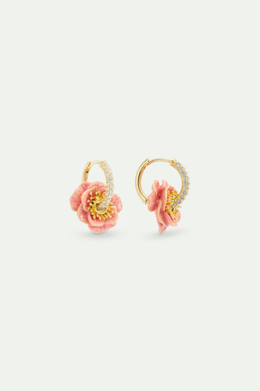 Rhinestone Hoop Earrings With Pink Anemone