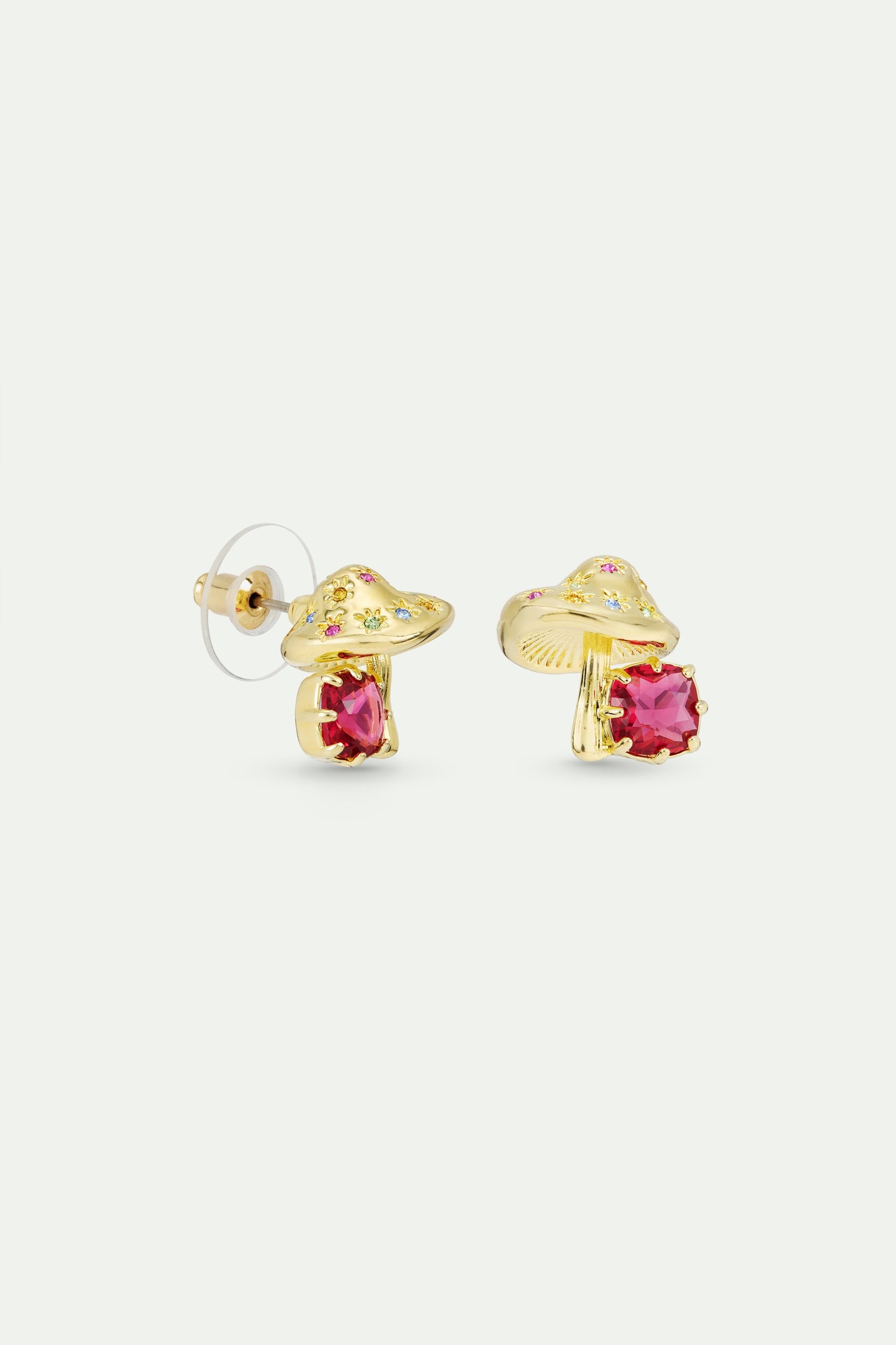 Gold Mushroom And Pink Faceted Stone Earrings