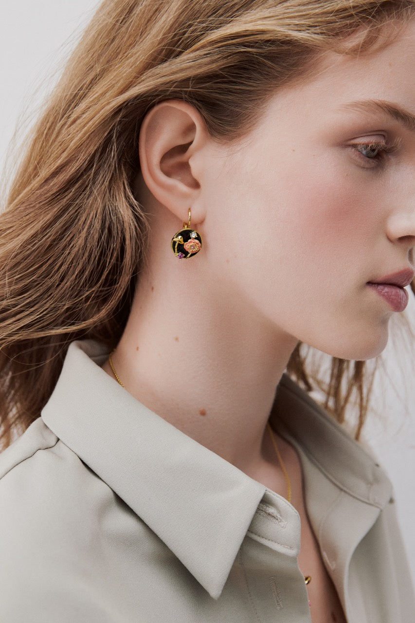 Black Medallion Clip-On Earrings With Mushroom, Anemone & Crystals