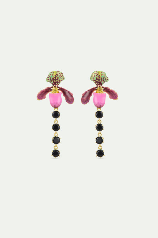Dangle Purple Lady'S Slipper Orchid & Black Crystal Earrings