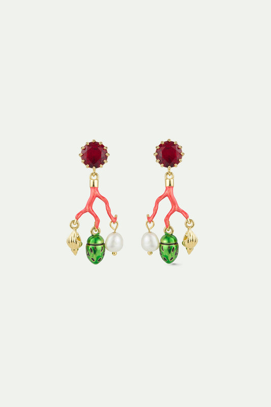 Coral Green Rose Chafer Earrings
