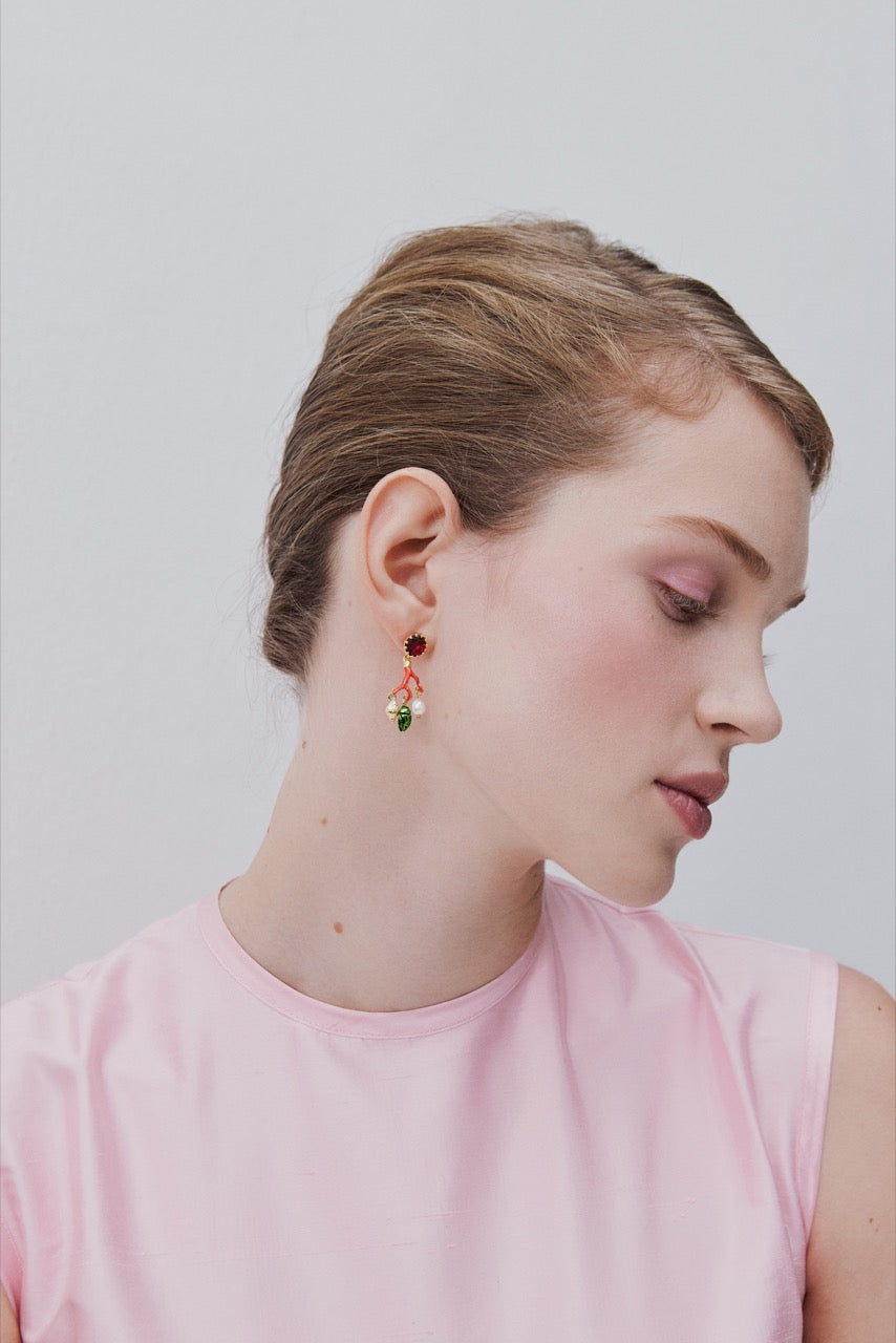 Coral Green Rose Chafer Earrings