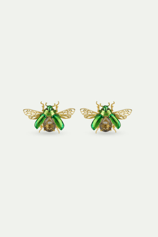Sleeper Flying Green Rose Chafer & Black Crystal Earrings